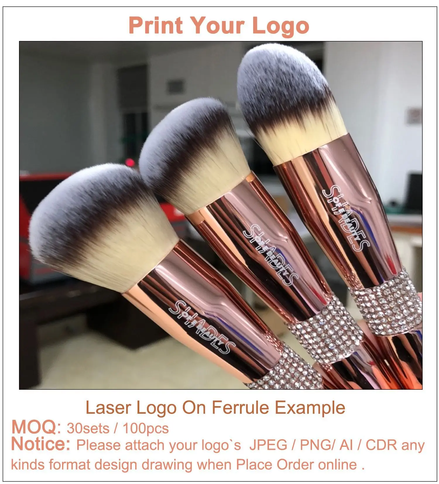 Factory Wholesale Custom 12PCS Luxury Glitter Diamond Bling Private Label Makeup Brush Rose Gold Makeup Brushes Set