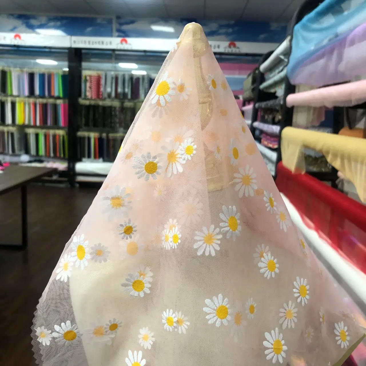 Factory Direct High Quality 100 nylon soft flower tulle mesh DTY puff print Little Daisy wedding lace fabric FOR KIDS GIRL dress