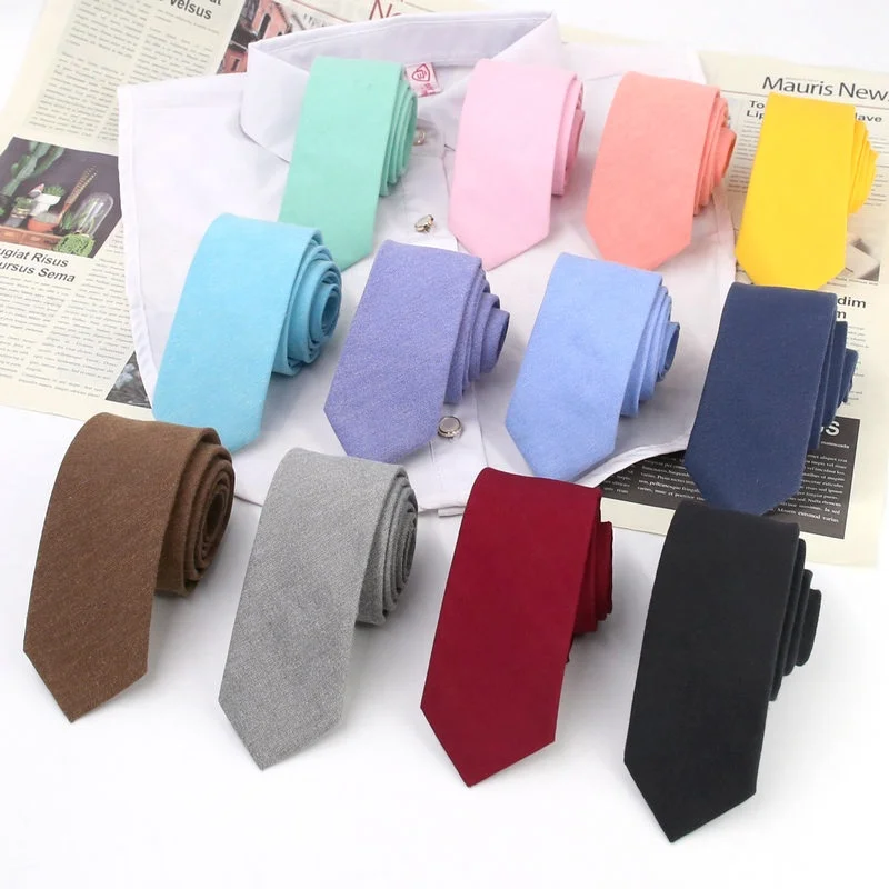Wholesale high quality skinny cotton and linen ties plain cotton necktie set solid color black cotton & linen ties men