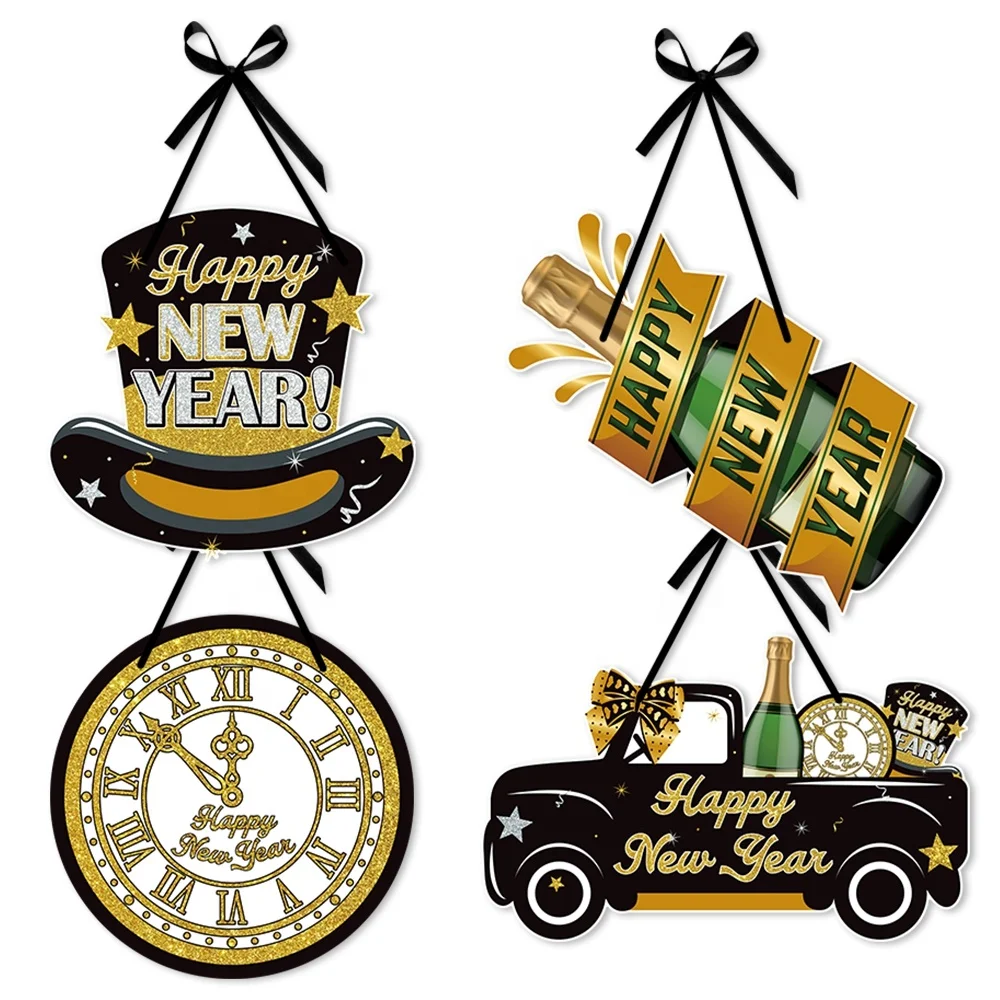 2025New Product Happy New Year Supplies Door Hanging Sign Black Gold New Year Eve Party Supplies