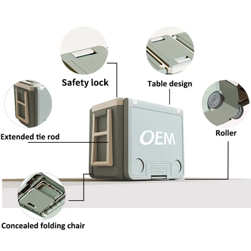 Customized  Hot big foldable plastic hard insulated  cooler box with table and chairs outdoor equipment set camping accessories