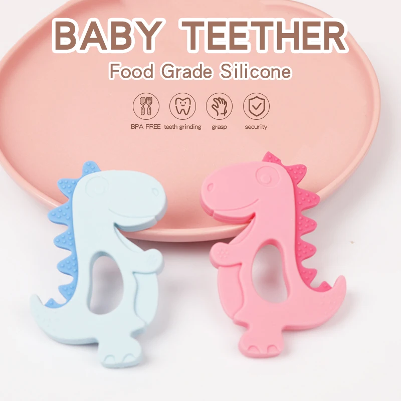 Customization BPA- free Silicone Dinosaur Baby Teething Rings Soft Toy Baby Hand Soothing Teether Sensory Toy  Chew Teether