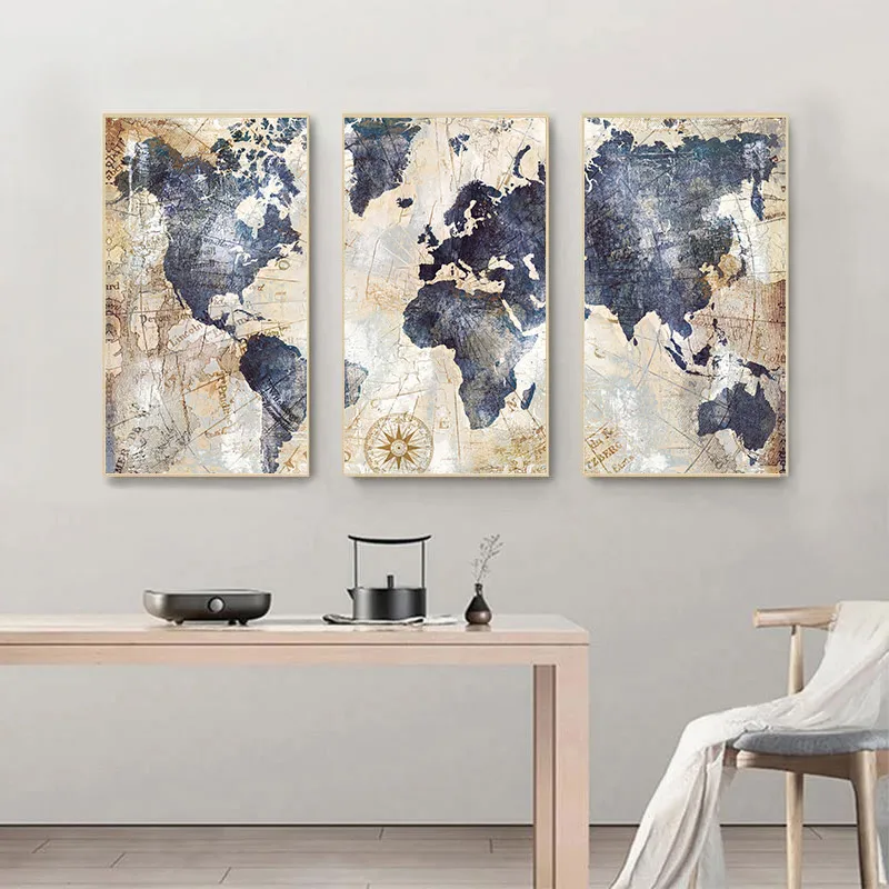Modular 3 Panels World Map Print on Canvas Painting Watercolor Poster Wall Art Pictures For Living Room