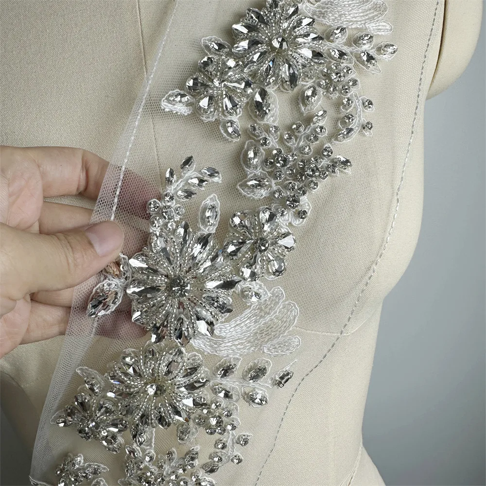 Rhinestone lace applique 3d heavy bead lace trim with pearls heavy embroidery tulle lace applique