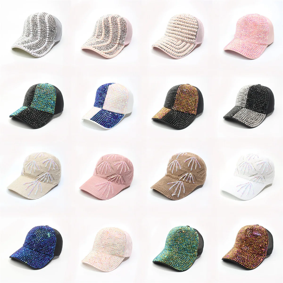 Plain Rhinestone Women Bling Diamond Punk Richardson Mesh Hat Pearl Shiny Rhinestone Baseball Hats Cap