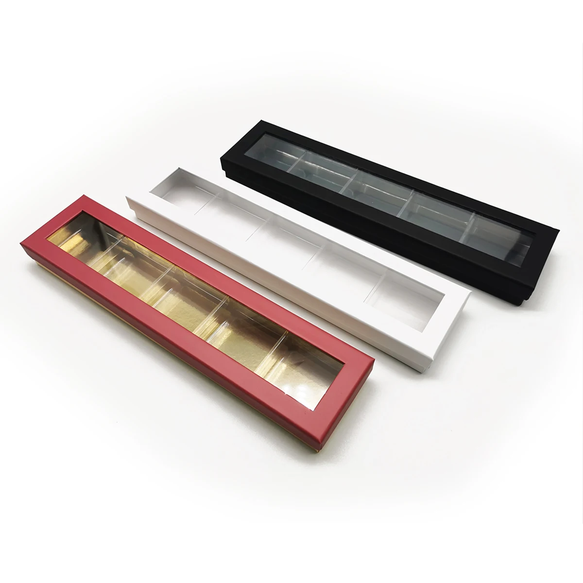 Food Grade Customized Size Long Rectangle Black Red White Paper Handmade Macaron Chocolate Lid and Base Boxes with PET Window