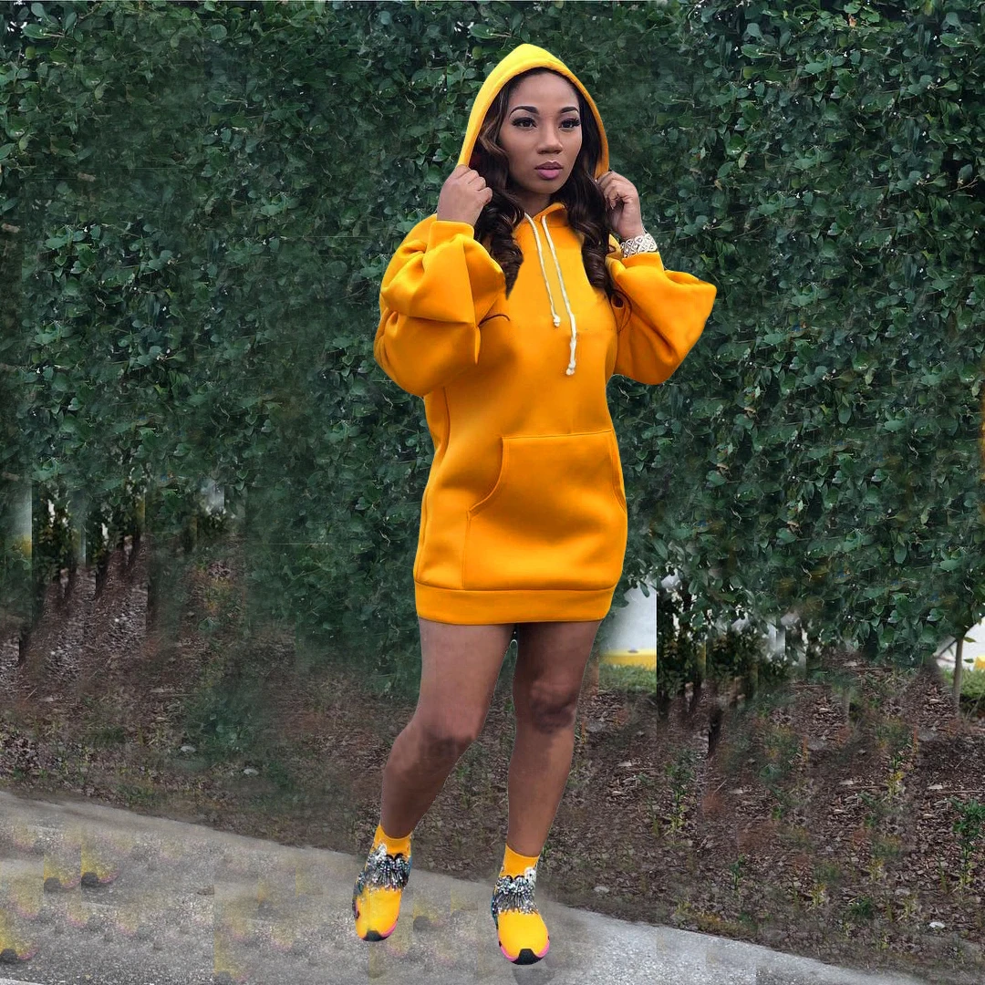 
Bunny BN-A8270 plain hoodie dress with casual loose puff sleeves womens hoodies woman dress 