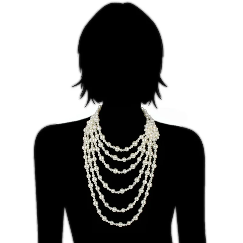 Multilayer Strand Simulated Faux Pearl Statement Long Sweater Chain Necklace and Earrings Set