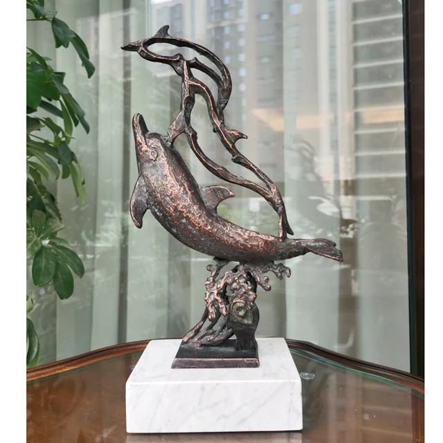 Metal dolphins desktop decor on marble base for home,  Abstract metal nautical fish sculpture