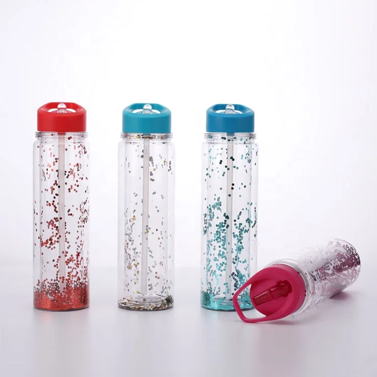 
Pink glitter dust double walled unique plastic mineral transparent water bottle with straw 