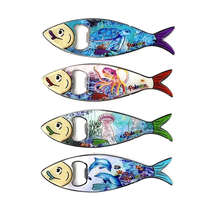 Customized magnetic bottle opener tourist souvenir gift metal epoxy fish shape bottle opener