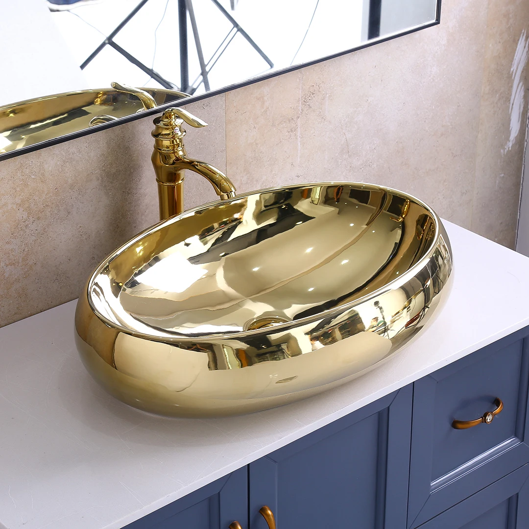 Basin color ceramic golden luxury wash basin electroplate art basin hotel sanitary ware SINK oval