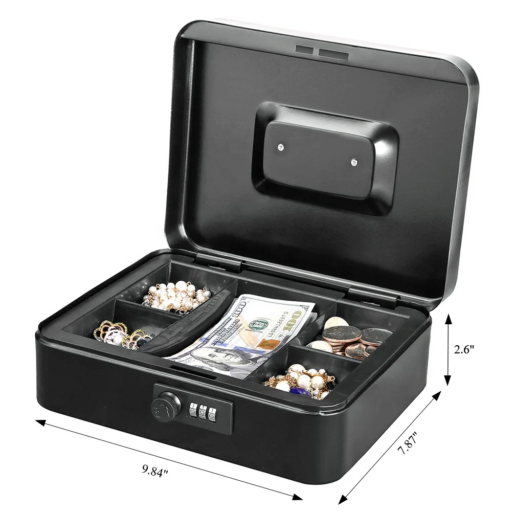 Large Locking Cash Box with Combination Lock Money Box with Removable Coin Tray