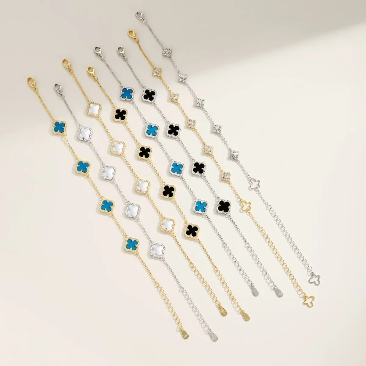 5A CZ S925 Silver Jewelry Set Onyx Emerald Link Chain Bracelet Femme Four Leaf Clover Bracelets Women Man