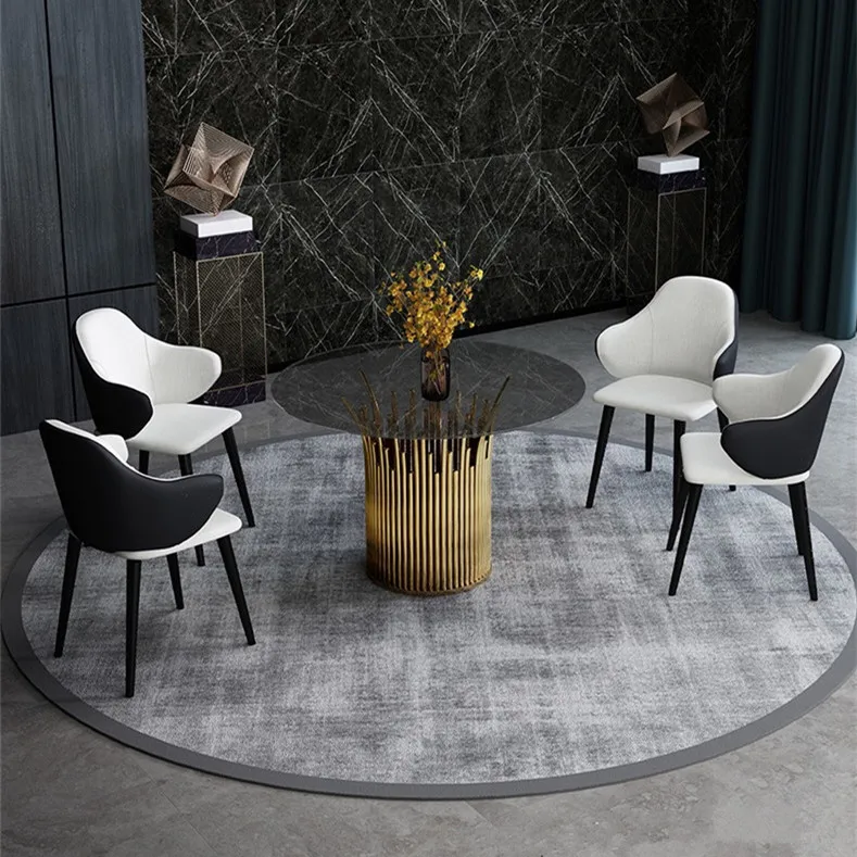 Black round tempered glass dining table with gold silver stainless steel base for home hotel restaurant dining room