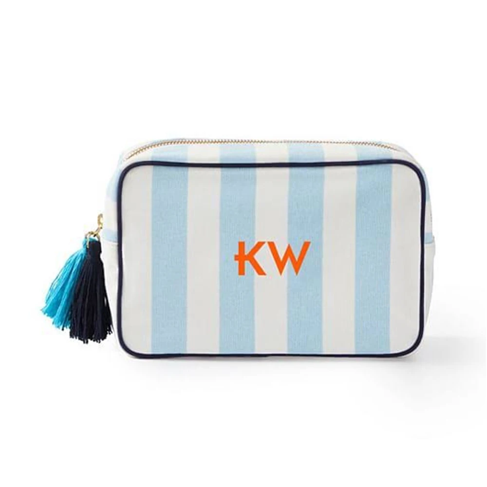 Embroidery Customization Stripes Canvas Natural With Tassel Cosmetic Pouch Makeup Bag