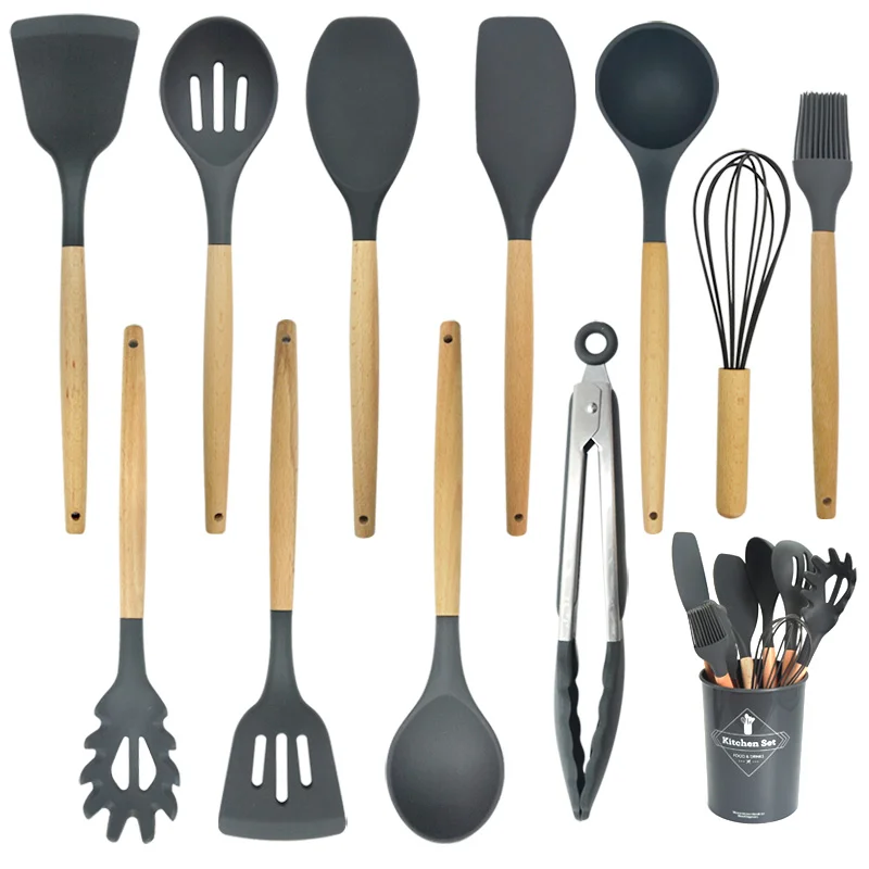 Factory Direct Price 12 PCS Silicone Kitchen Utensils Set Accessories Cooking Tool Set With Beech Wood Handle