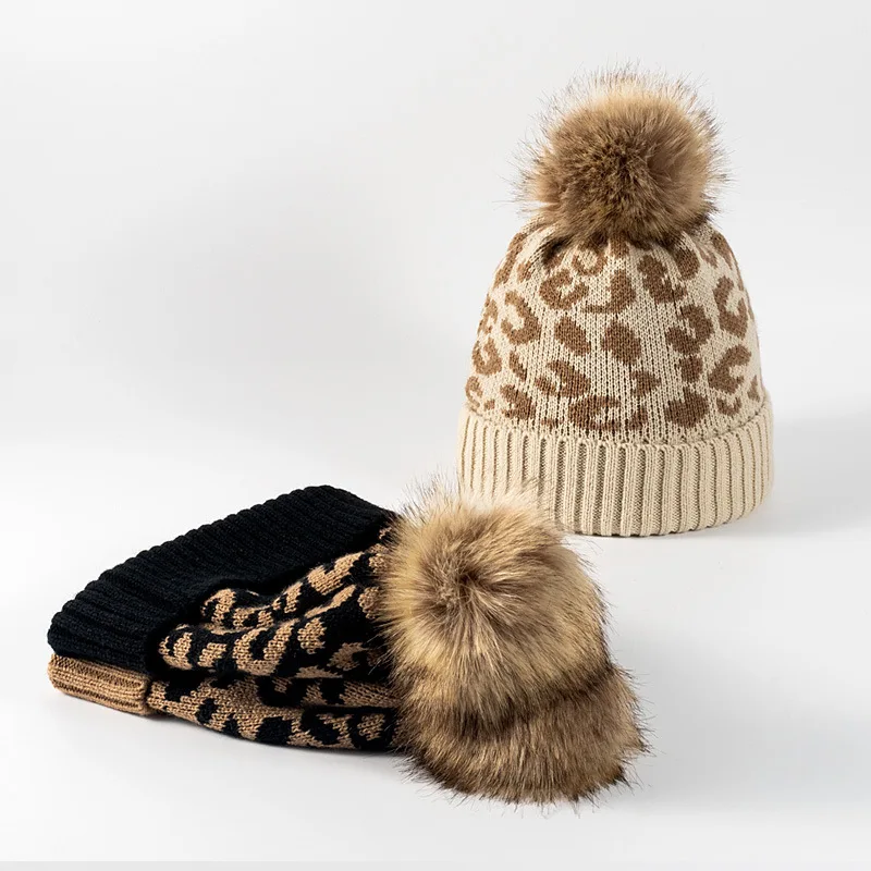 women beanie hat jacquard leopard custom acrylic beanie hats with pompoms fur pom beanie