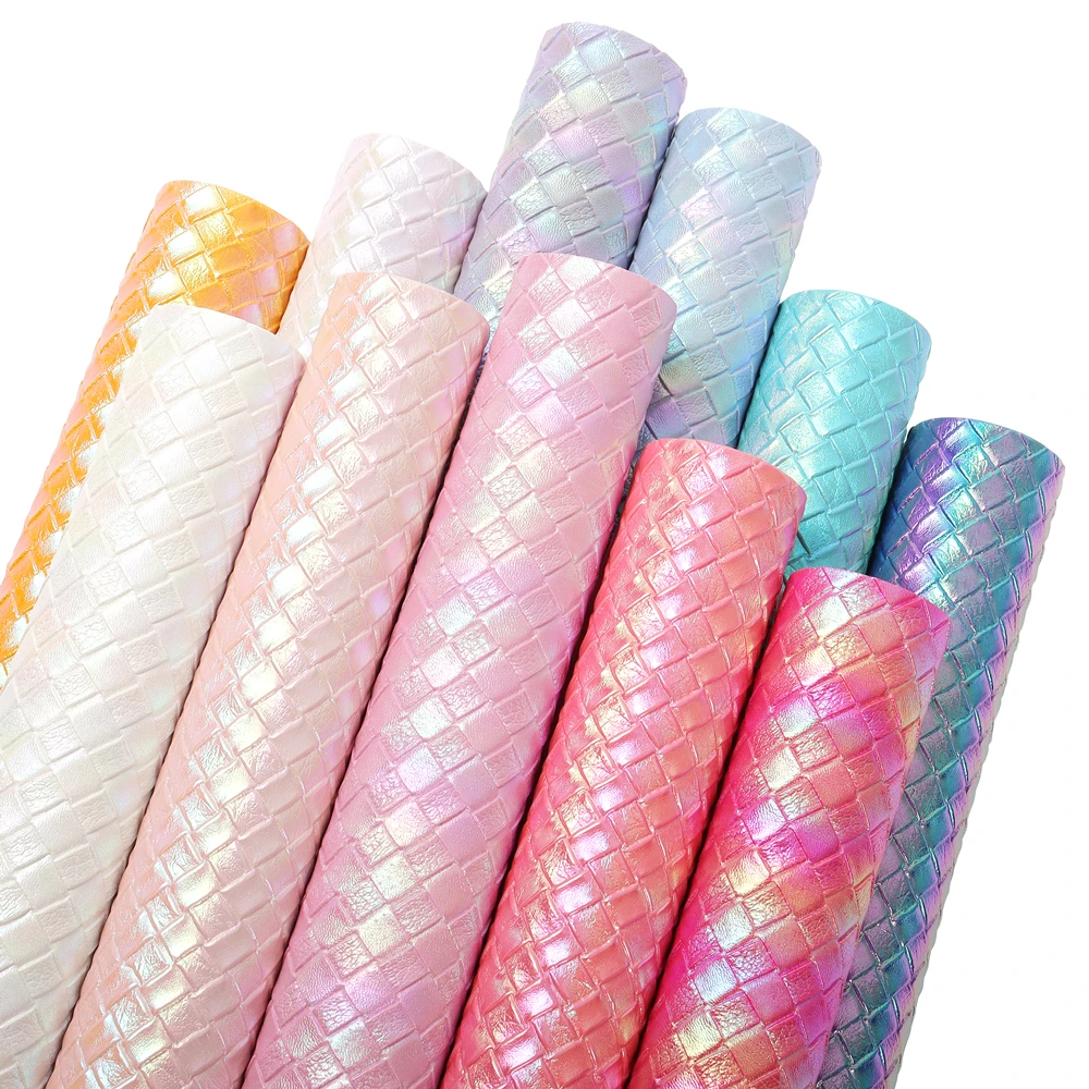 12inx53in Colorful Holographic Woven Plaid Embossed Faux Leather Rolls For Bags Handbags Wallet Notebook