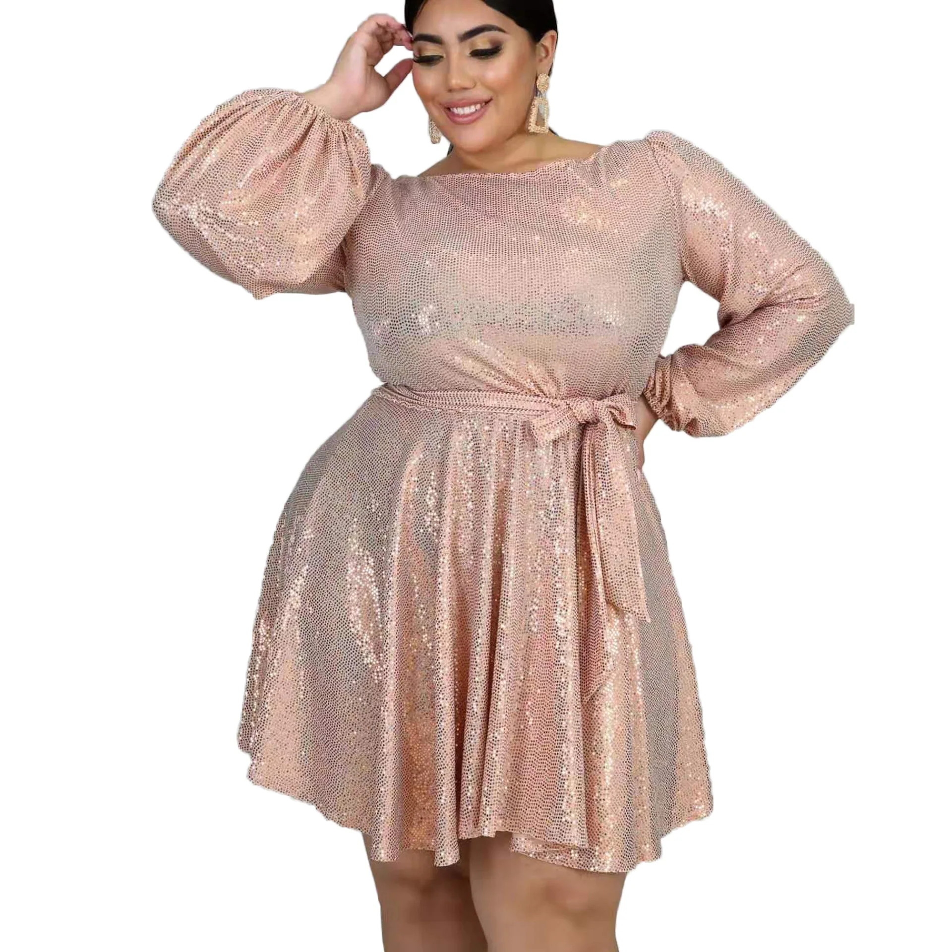 Hot Selling Lantern Sleeves Plus Size Casual Dress Pink Bling Elegant Party Dress Fashion Midi Skirt
