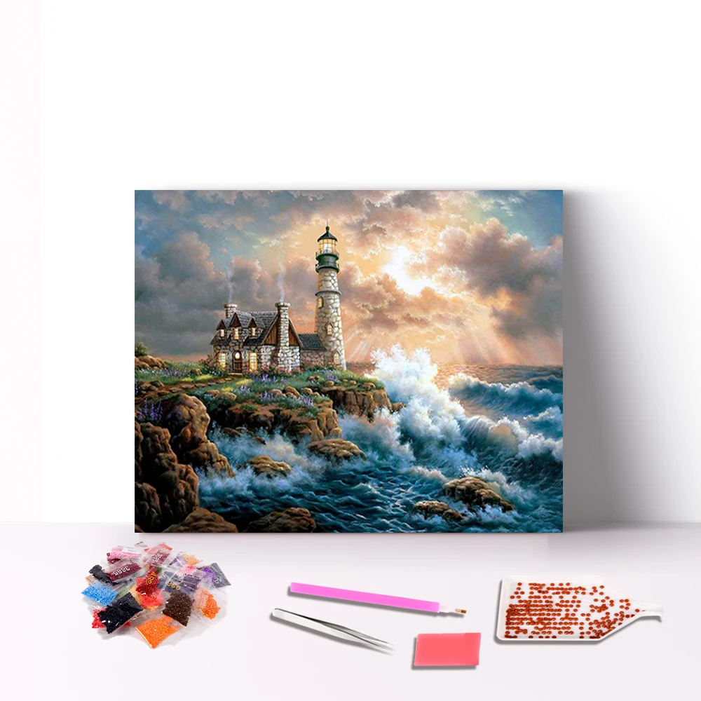 
Factory Direct Sale 30x40cm Lighthouse Rainstorm Seaside Wall Art 3d Diamond Painting 