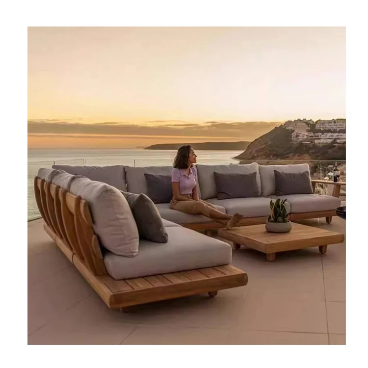 Modern 5-Seater Teak Wood Sofa Set with Waterproof Wicker Material for Bedroom Garden or Hotel Use Outdoor Couch Set