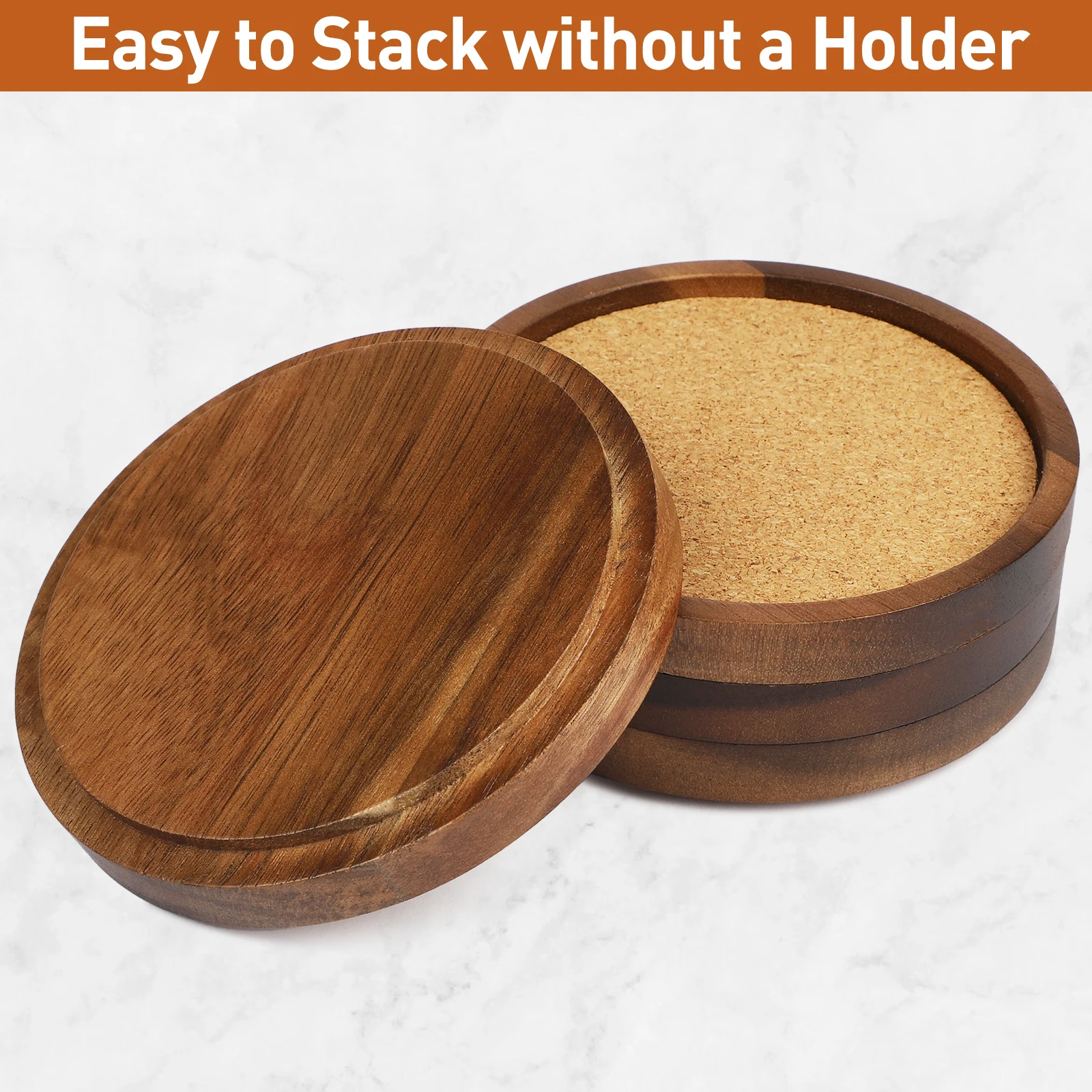 XH Stackable Acacia Wood Coasters set of 4 with absorbent Cork for table Drink Coasters Set for Tabletop Coffee