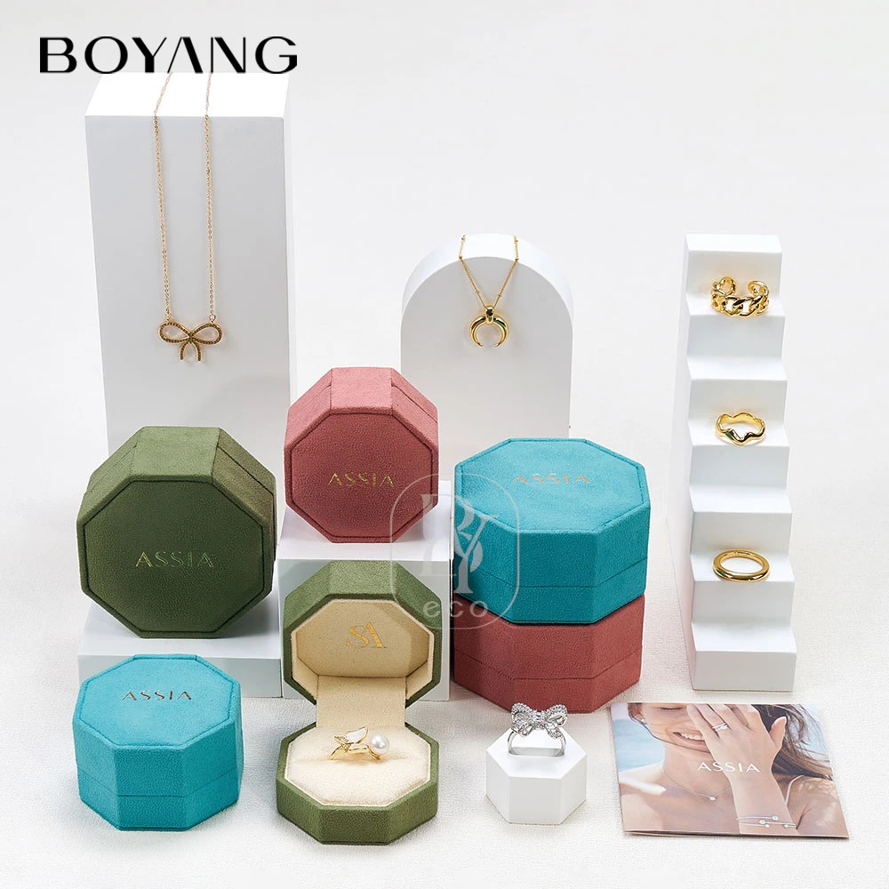 Boyang Custom New Design Luxury Octagonal Velvet Necklace Ring Packaging Jewelry Box with Logo