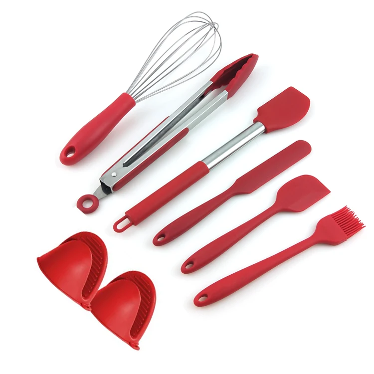 Red 8pcs silicone baking utensils Baking Tools Set include pastry brush, oven mitts,tongs and scraper set