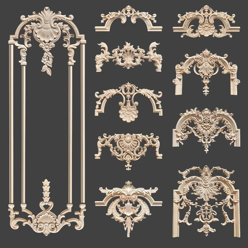 Decorative Wood Appliques Wood Carving European Background Wall Home Decoration Decal Relief Wall Panel Moulding For Wedding