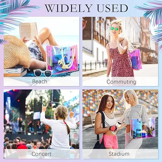 Hot Beach Lunch Sports Concert Wedding Birthday Stadium Waterproof Pvc With Rope Handle Holographic Rainbow Bag