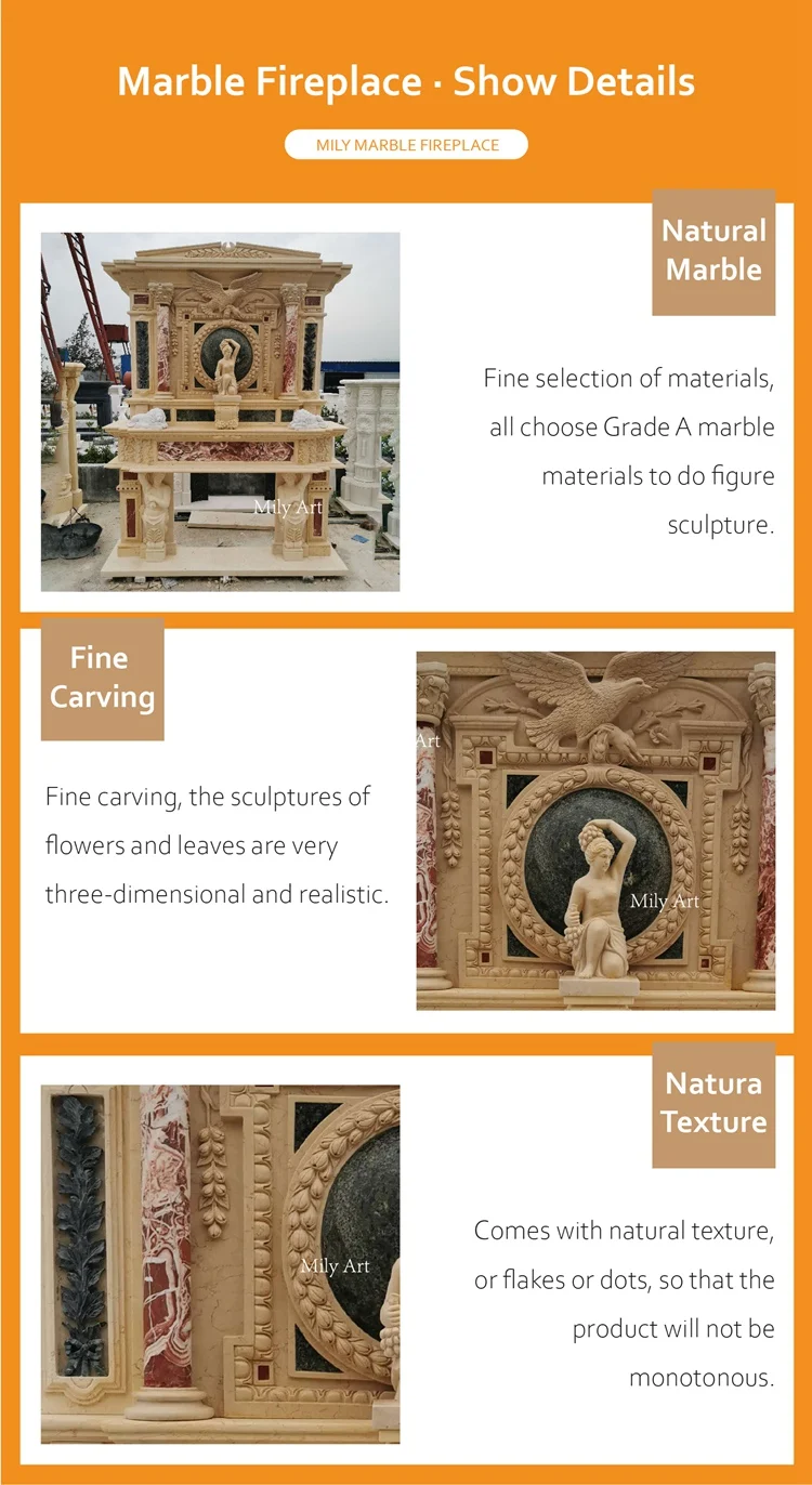 Modern Indoor Decorative Hand Carved Luxury Natural Stone Double Marble Statue Fireplace Mantel Frame Surround For Villa Estate