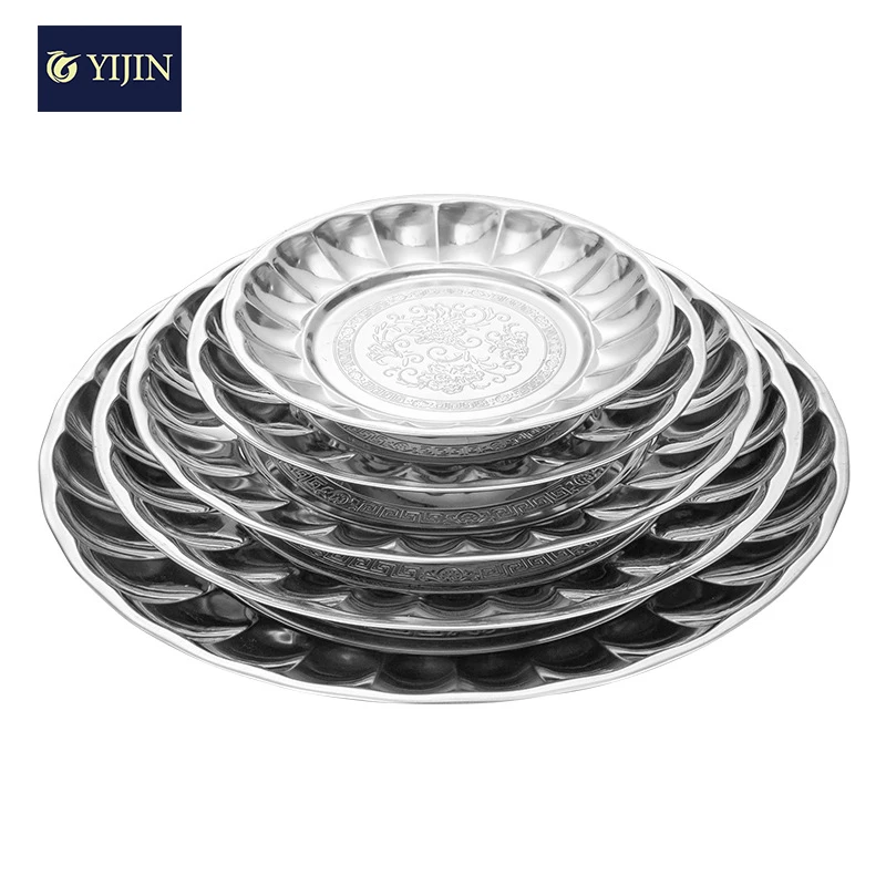 Wholesale price Arab flower pattern round dinner food plate stainless steel serving tray
