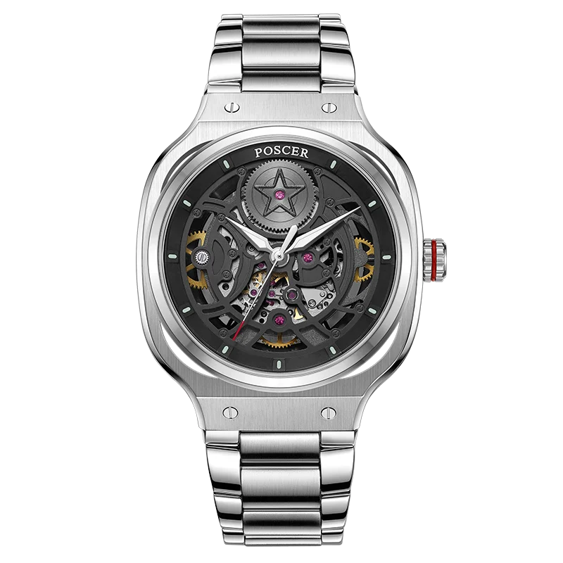 Luxury 304 stainless steel watch skeleton design square style dial sapphire glass automatic mechanical watch for men