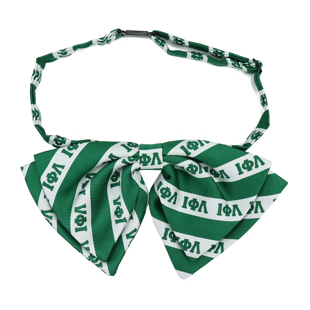 Оптовая продажа, галстук-бабочка из полиэстера в зеленую и белую полоску, жаккардовый галстук-бабочка ручной работы Iota Phi Lambda Sorority с логотипом
