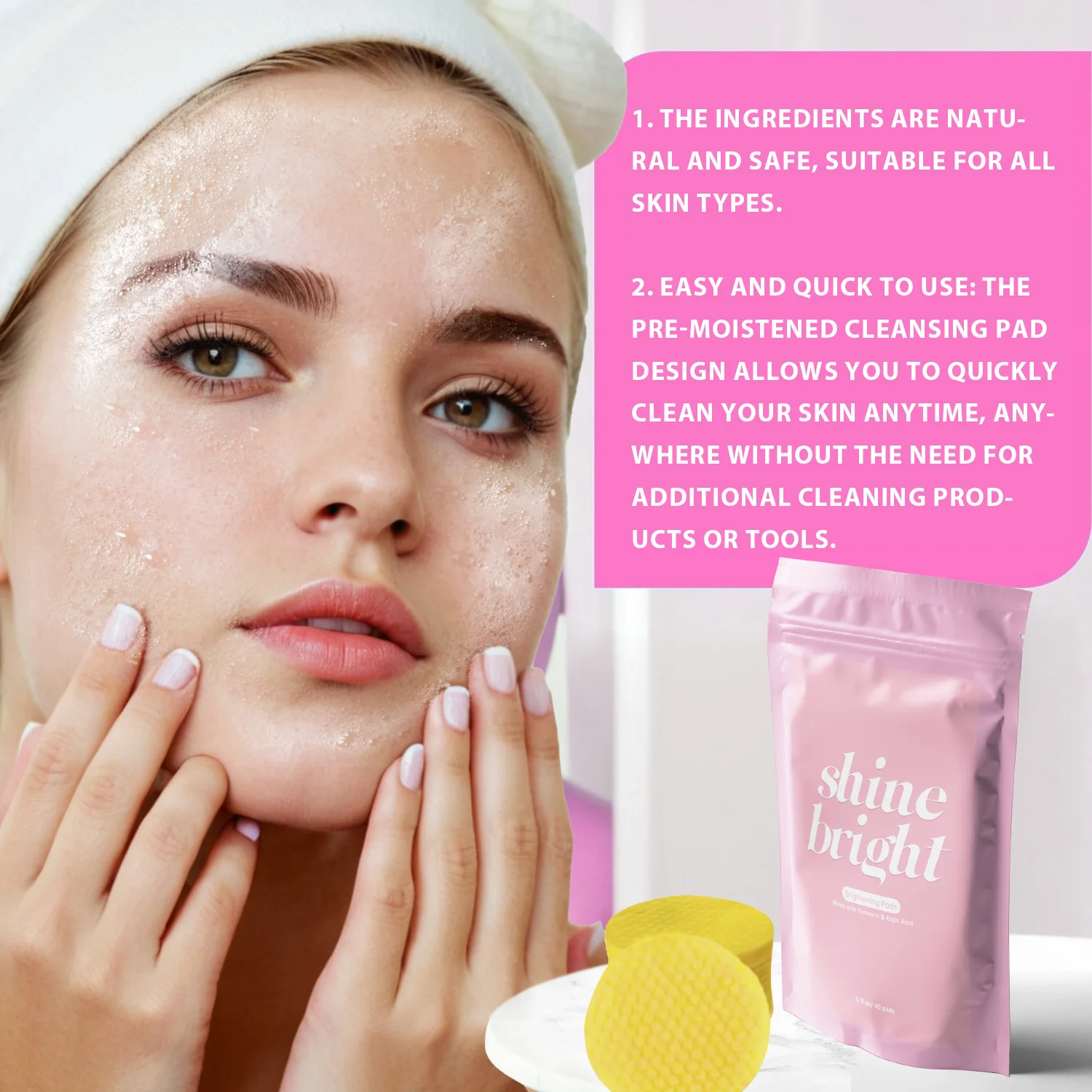 Customized Private Label Facial Care Natural Skin Brightening Kojic Acid Turmeric Cleansing Pads For 40 Pads