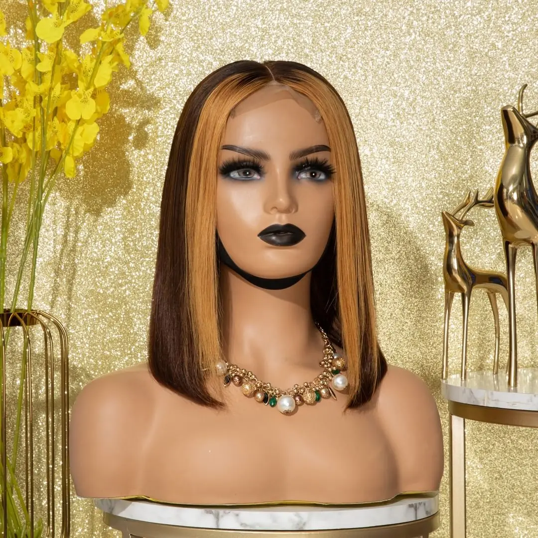 Готов отправить хайлайтер коричневый короткий Боб срез натуральные бразильские человеческие волосы прозрачные кружевные передние парики предварительно выщипанные с детскими