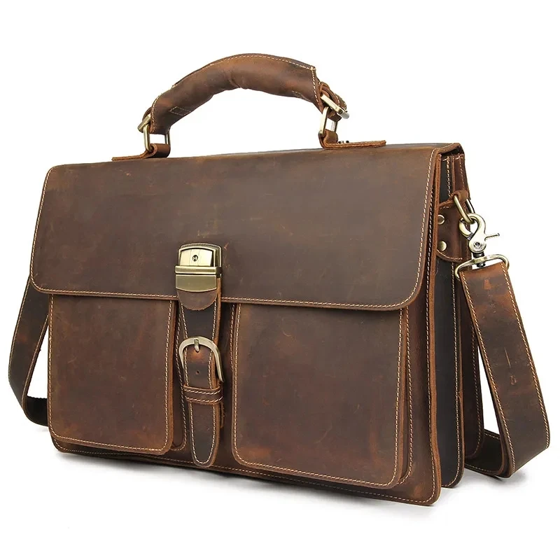 Vintage Cowhide Leather Travel Messenger Office Crossbody Bag Laptop Briefcase Computer College Satchel Bag For Men