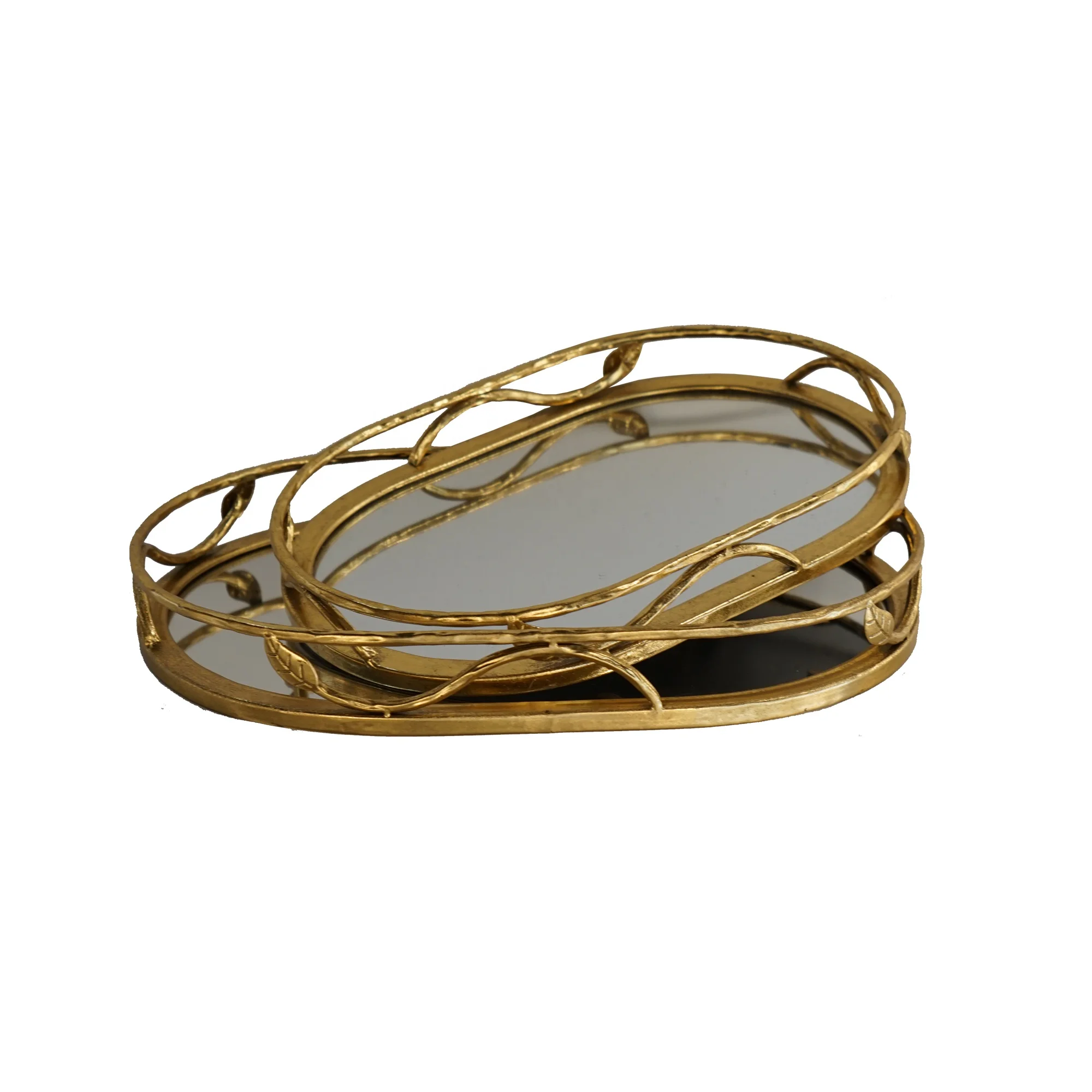 Fashionable and Luxuriousgold rustic antique oval metal mirror serving trays