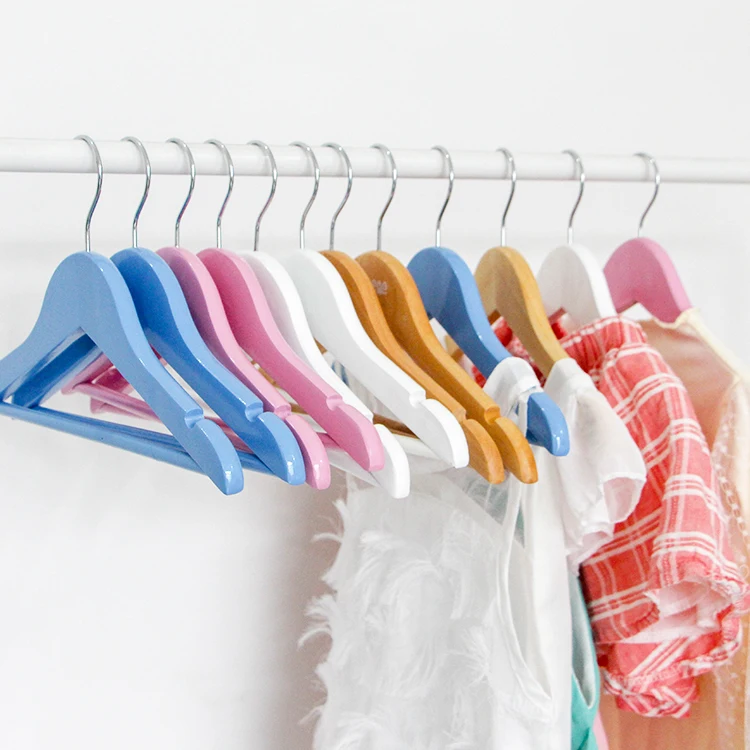 Color Kids Baby Skirt Children Wooden Coat Hangers with Notches and Anti-Rust Chrome Hook Hanger