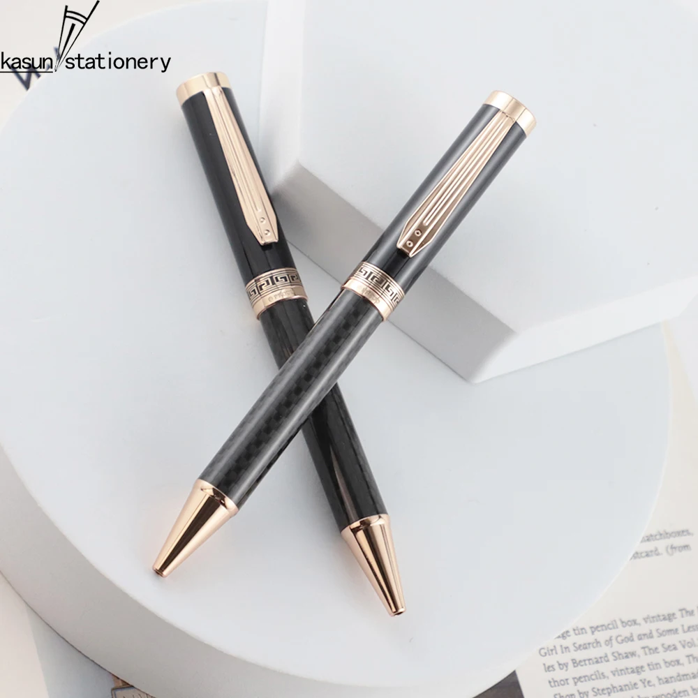 Heavy Luxury Rose Gold Metal Carbon Fiber Ball Point Pens with Engraved Pattern on the Middle For a VIP Gift