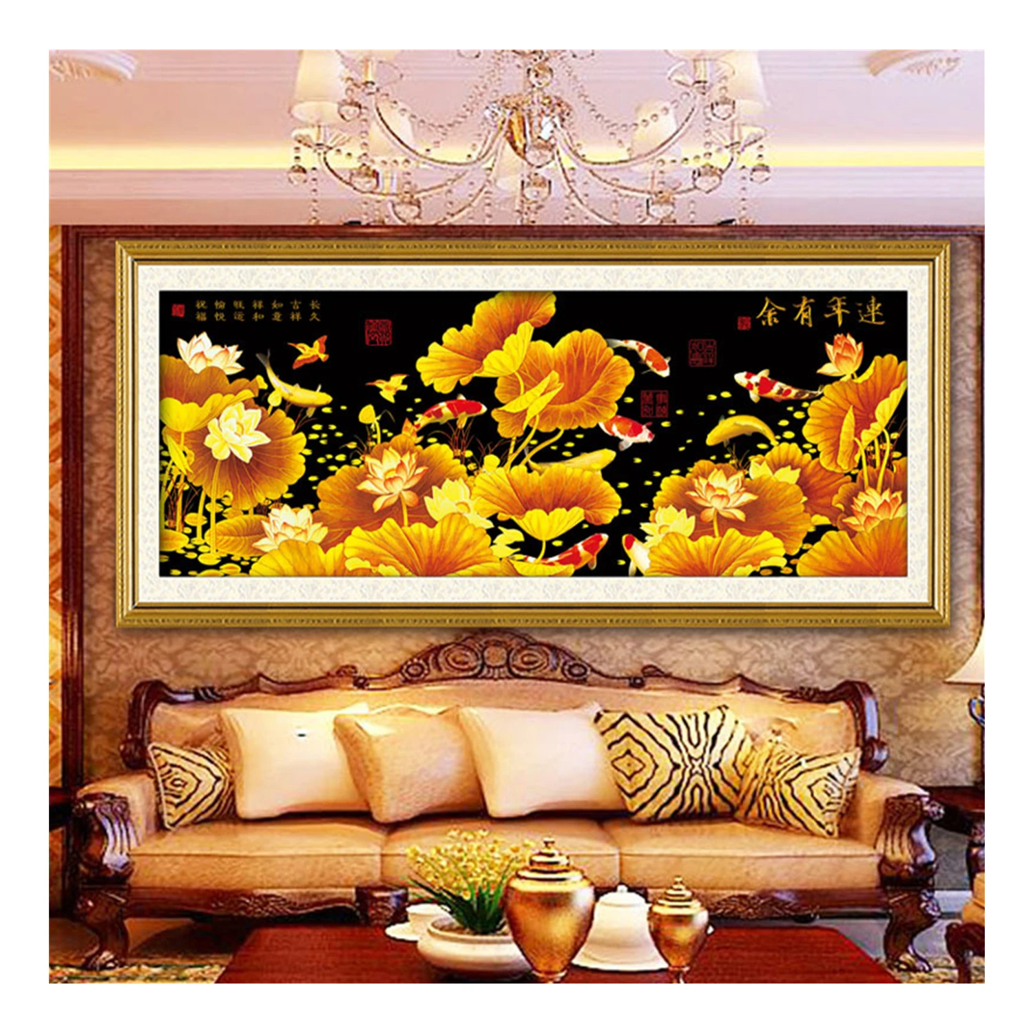Fashion 5D Diamond Painting Golden Lotus Carp Cross Stitch Mosaic Kit Full Drill Wall Arts For Living Room Decor