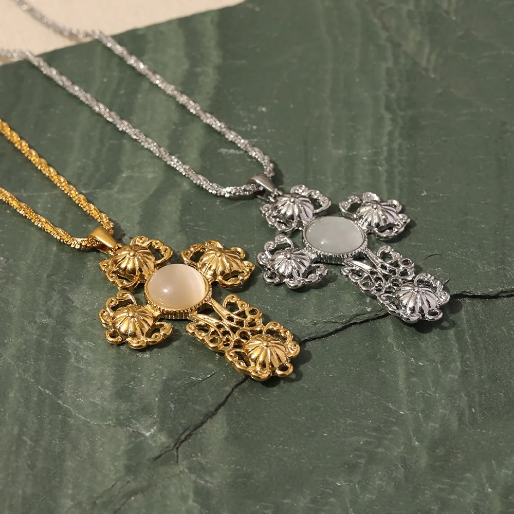 Vintage Stainless Steel Large Cross Charm Necklace Statement Jewelry Religious Accessories Necklaces Opal Cross Pendant Necklace