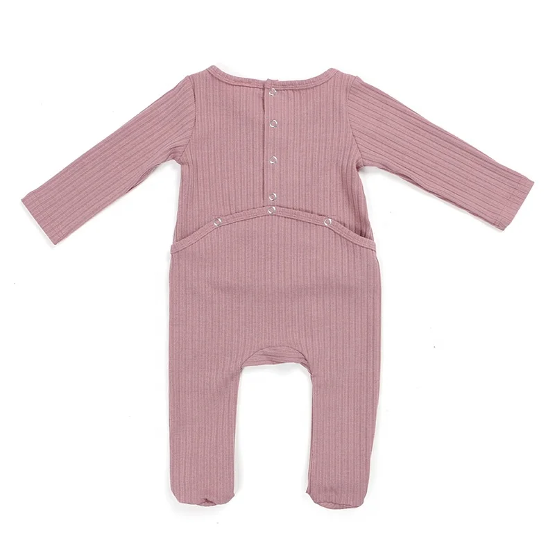 Newborn baby clothes long sleeves snap button opening back easy to change diaper knit cotton ribbed footie baby romper
