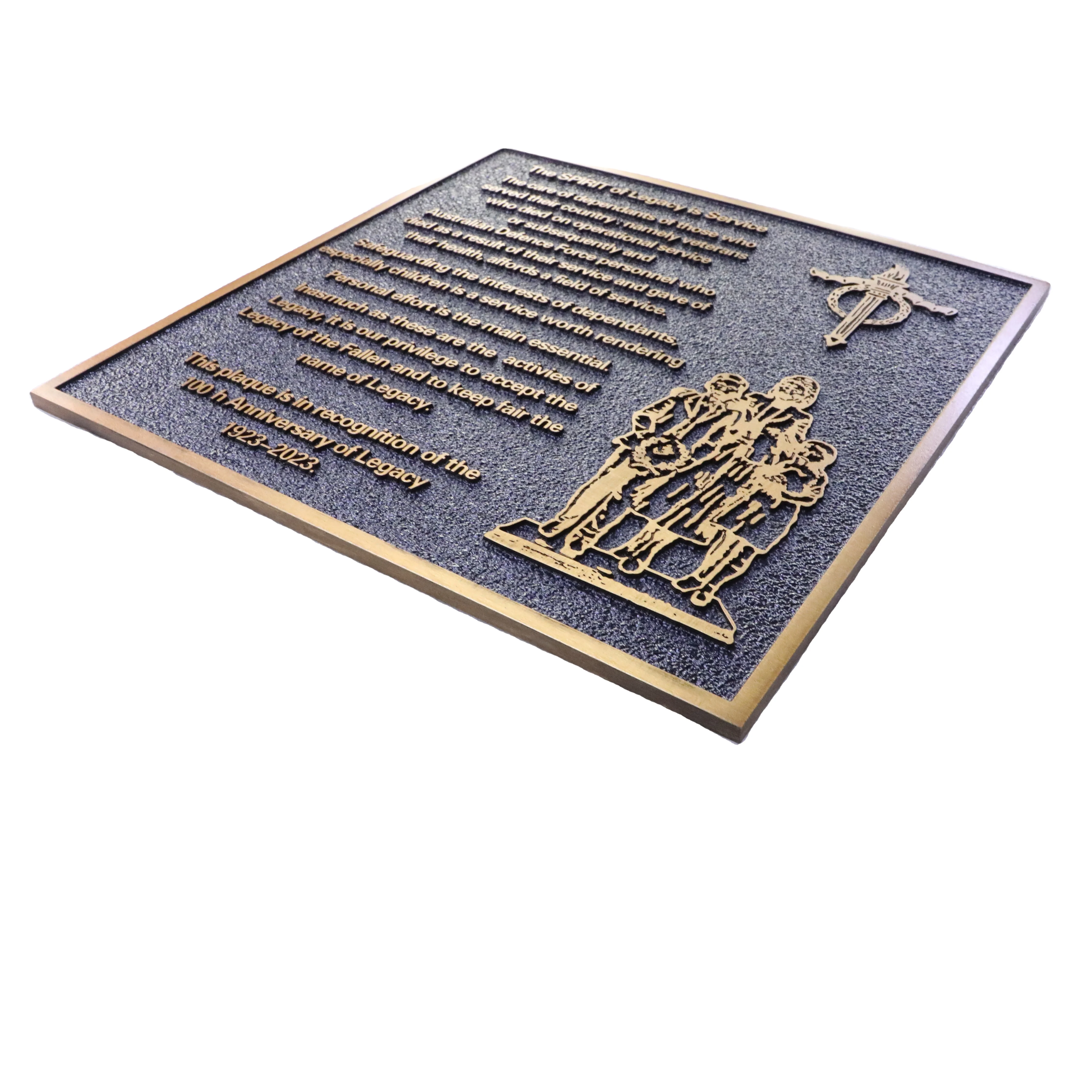 Aged embossed brass plaque relief plaque for museum