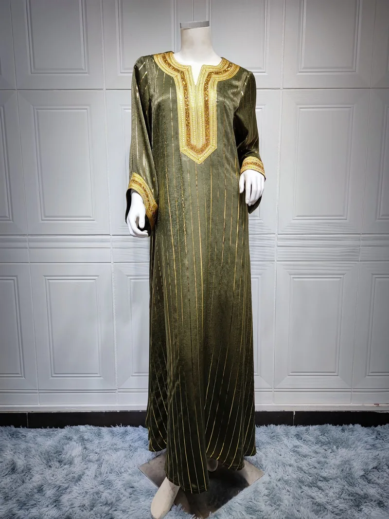 Good style golden loose wear maxi abaya dubai long women muslim dress and hijab