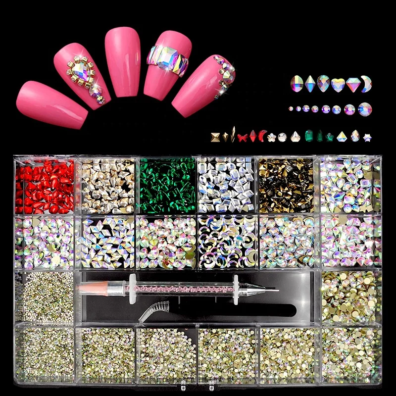 
8000pcs 21 Grid Nail Art Supplies Sticker Jewelry Box Set Shape Crystal Rhinestone Mix Design Nail Art With Wax Pen Tweezers 