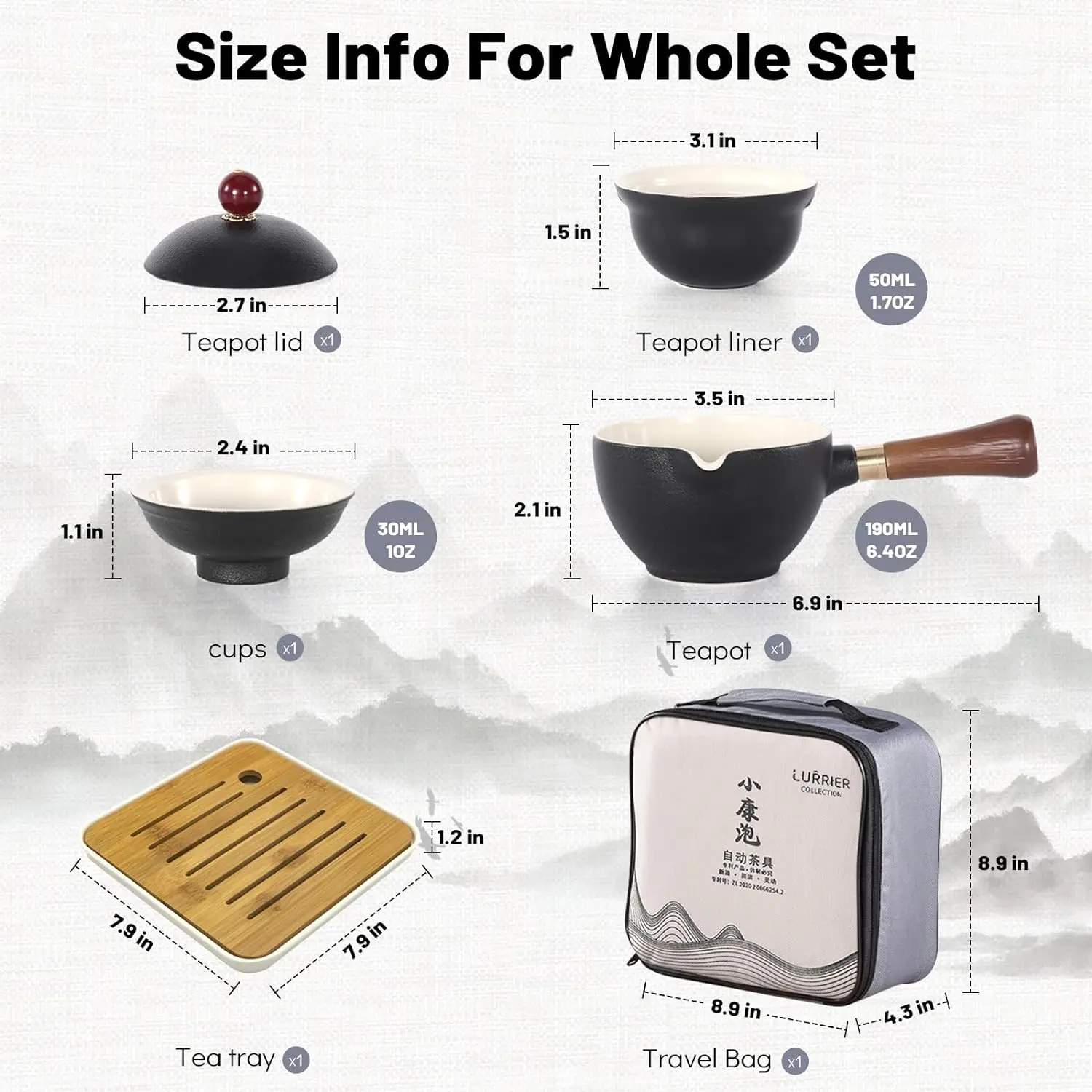 Porcelain Chinese Travel Gongfu Tea Set,Portable Teapot Set with 360 Rotation Tea maker and Infuser All in One Gift Bag