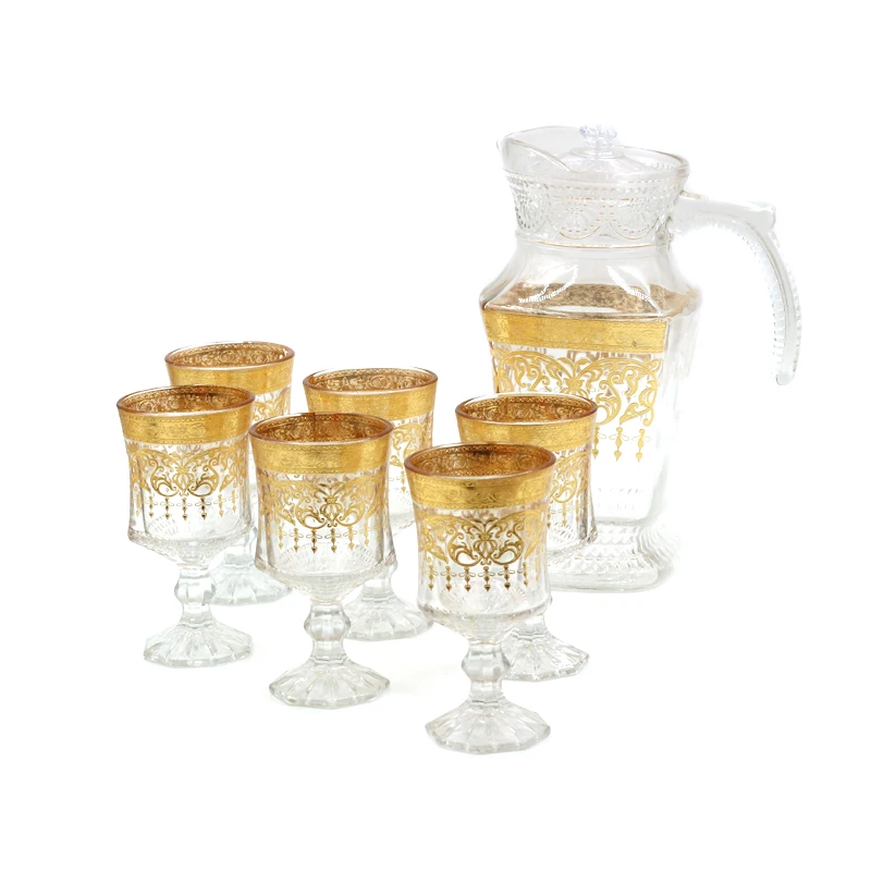 cheap wholesale 6 goblets 1 kettle glass tea cup sets gold flower arab turkish clear glass goblets kettle sets