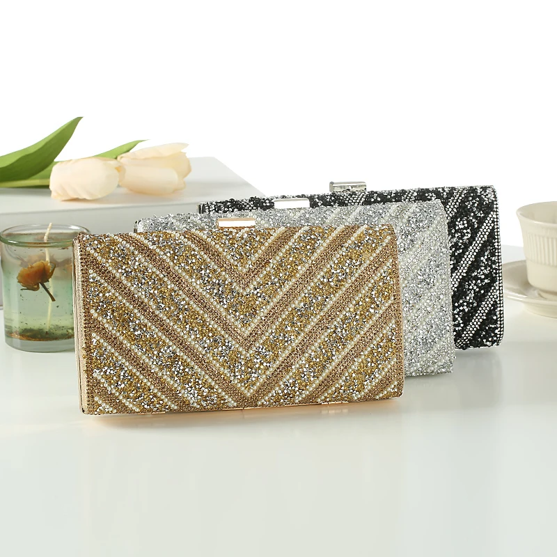 Fashion Glitter Women Evening Bags Party Banquet hand Pearl Diamond Clutch Bag Wedding Dress chains shoulder bag